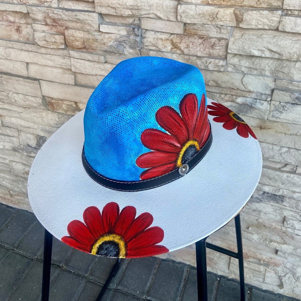 Flowered Hand Painted Boho Artisan Straw Hat Gift For Her